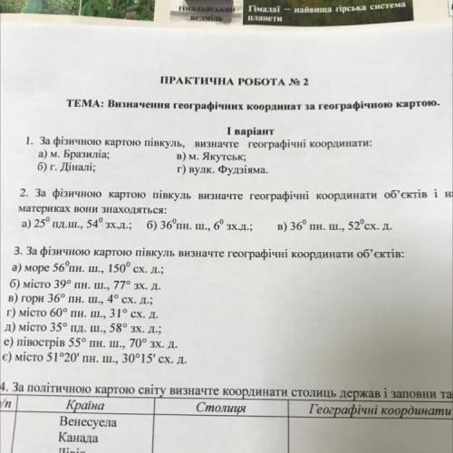 ПРАКТИЧНА РОБОТА 2 ТЕМА; Визначення географічних кординат за врятинюк І варіант 1. За фізичною карто