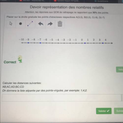 Placer sur la droite graduée les points d'abscisses respectives A(3,5), B(0,5), C(-9), D(-7) --10-9-