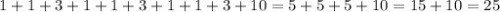 1+1+3+1+1+3+1+1+3+10=5+5+5+10=15+10=25\\