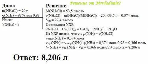 Вычислите объем аммиака (н.у.), который можно получить, нагревая 45 г хлорида аммония с избытком гид