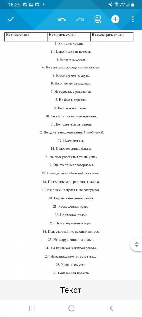 На три колонки, объяснив слитное или раздельное написание не с глаголами, причастиями, деепричастиям