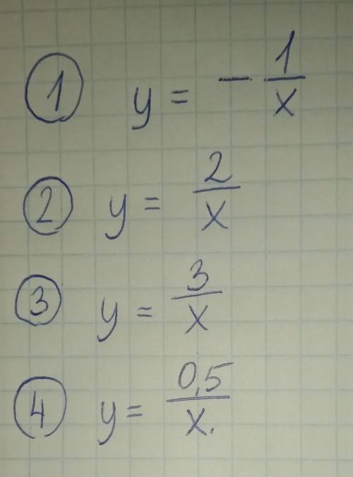 1) y=-1/x 2)y=2/x 3)y=3/x 4)y=0,5/x