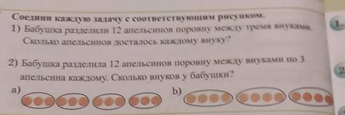 Соедини каждую задачу с соответствующим рисунком, 1) Бабушка разделили 12 апельсинов поровну между т