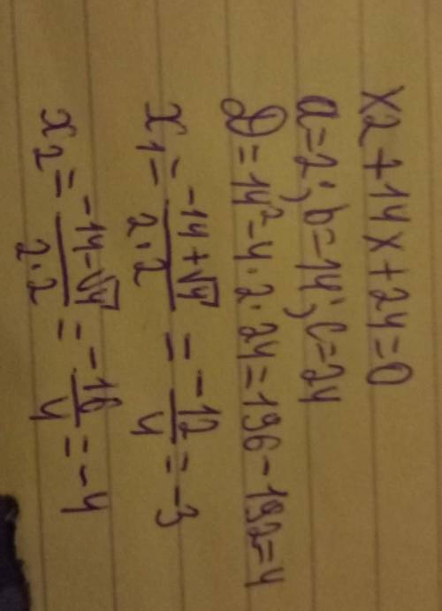 Не используя формулу корней, найди корни квадратного уравнения x2+14x+24=0 (Корни запиши в убывающем