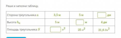 Реши и заполни таблицу. Сторона треугольника a 3,5 м 5 м дм Высота ha 5 м м 4 дм Площадь треугольн