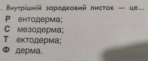 Внутрішній зародковий листок - цe.Р- ендотерма;С- мезодерма;Т- ектодерма;Ф- дерма.