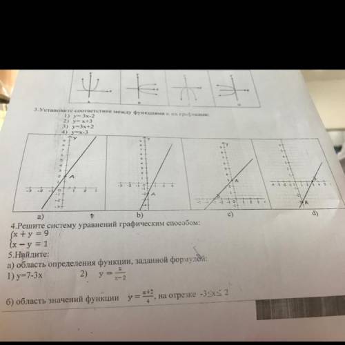 3. Установите соответствие между функциями и их графиками: 1) y= 3x-2 2) y=x+3 3) y=3x+2 4) y=x-3 У