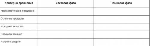 Заполните таблицу «Сравнение световой и темновой фаз фотосинтеза»