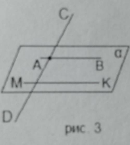 Прямая CD на рисунке 3 пересекает плоскость α в точке A. Прямые АВ и MK параллельны, ∠CAB=39°. Опред