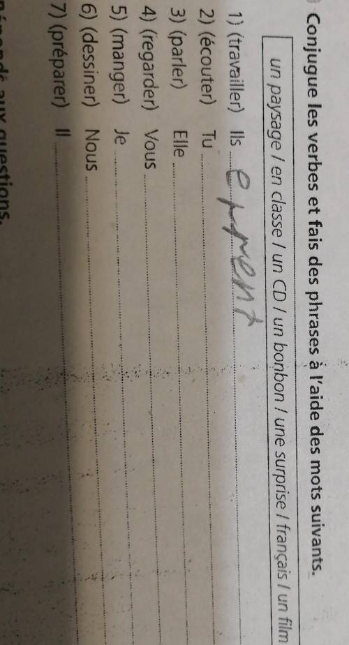 Conjugue les verbes et fais des phrases à l'aide des mots suivants. un paysage / en classe / un CD /