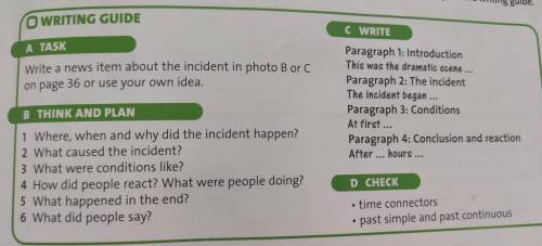 O WRITING GUIDE C WRITE A TASK Write a news item about the incident in photo B or C on page 36 or us