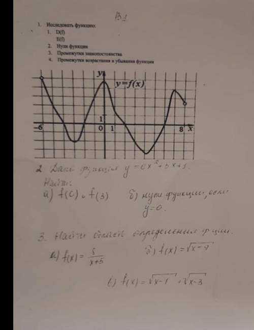 1.Дана функция y=0x(в квадрате)+5x+3 Найти:а)f(0),f(3).б)нули функции если y=02.Найти область опреде