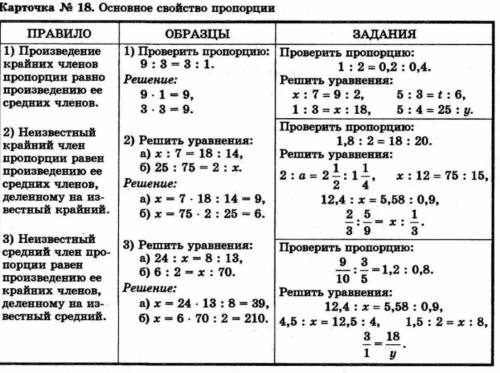 Карточка № 18. Основным свойством пропорции является правило 1) Произведение крайних членов пропорци