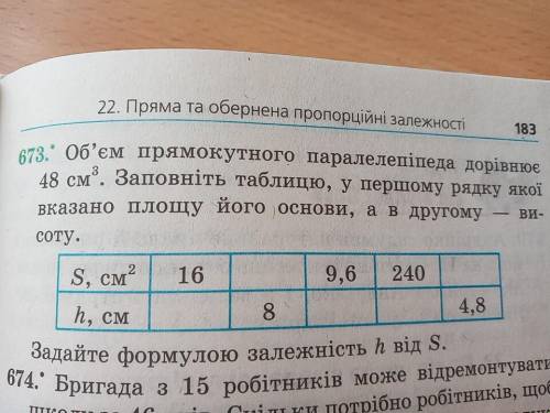 ? 673 вправа Об'єм прямокутного паралелепіпеда дорівнює 48 см³. Заповніть таблицю, у першому рядку я