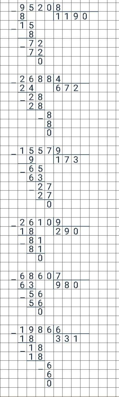 Выполни деление уголком. Не забывай определять количество цифр в частном: 9520 : 8, 2688 : 4, 1557 :
