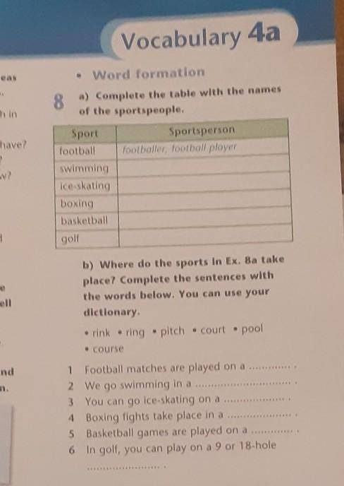 8. a) Comlete the table with the names of the sportspeople.