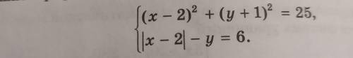 Решите графически систему уравнений(x+y)^2+(y+1)^2=25|x-2|-y=6