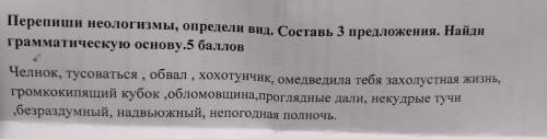 Перепиши неологизмы, определи вид. Составь 3 предложення. Найди грамматическую основу. Челнок, тусов