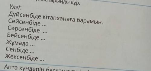 1. Апталық жоспарыңды құр. Үлгі: Дүйсенбіде кітапханаға барамын. Сейсенбіде ... Сәрсенбіде ... Бейсе