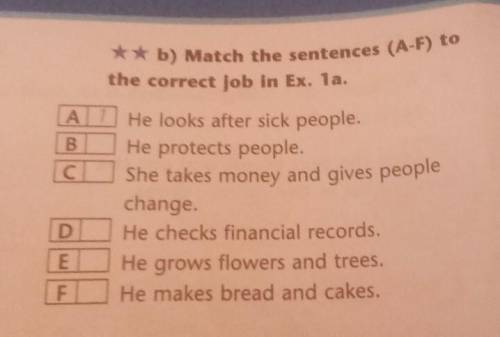 **b) Match the sentences (A-F) to the correct job in Ex. 1a. A 1] He looks after sick people. B He p