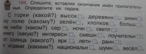 Спишите, вставляя окончания имён прилагательных. Определите их падеж.