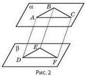 Паралельні відрізки AD, BE, CF розміщені між паралельними площинами α і β (див. рис. 2), ∠ABC = 90°,
