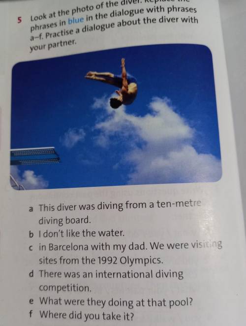 Look at the photo of the diver. Replace the phrases in blue in the dialogue with phrases a-f. Practi