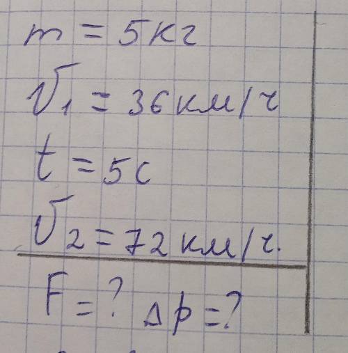 m=5 кг ,V1=36 км/ч ,V2=72 км/ч, t=5 с. F=? ∆p=?