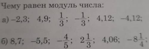 Чему равен модуль числа: a) –2,3; 4,9;1/3;-1/3;4,12;-4,12;б)8,7;-5,5;-4/5;2 1/3;4,06;-8 1/4