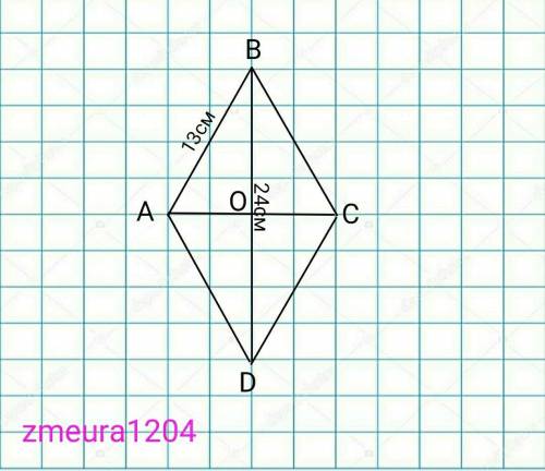 Сьорона ромба равна 13чм, а одна из диагоналей 24см. Найлите площадь ромба
