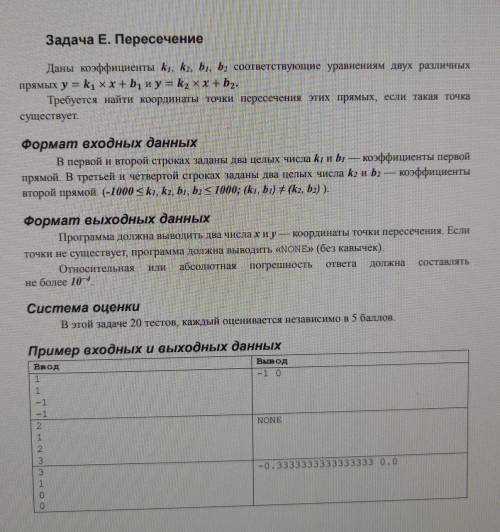 Задача Е. Пересечение Даны коэффициенты ki, k, b, b, соответствующие уравнениям двух различных прямы