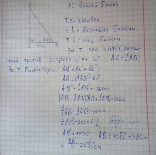 От башни на расстоянии 60м стоит человек и он смотрит на вершину башни с 30 градусным углом. Найдите
