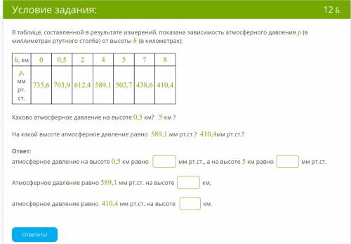 В таблице, составленной в результате измерений, показана зависимость атмосферного давления (в миллим