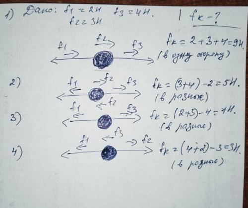 На тело вдоль одной прямой действуют три силы: 2, 3 и 4Н. Определите равнодействующую этих сил для в