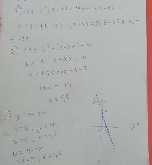19а – 5(3а + 8) и найдите его значение при а = 1,5. 2. Решите уравнение: (8х -5) – (3 – 2х) = 10 3.