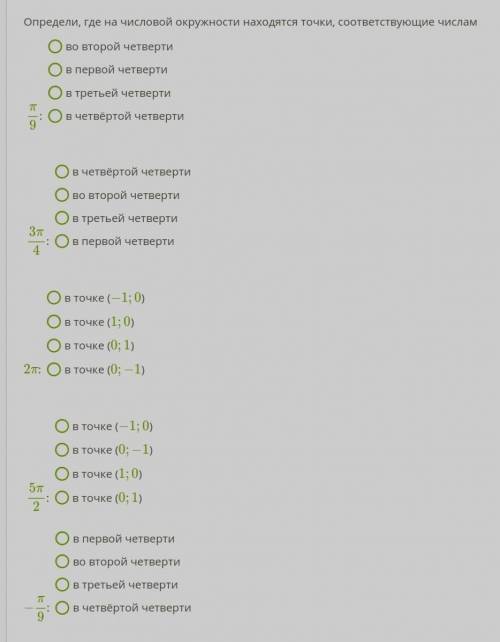 Определи, где на числовой окружности находятся точки, соответствующие числам
