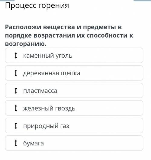 , химия 7 класс Расположи вещества и предметы в порядке возрастания их к возгоранию.