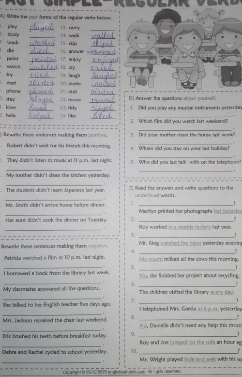 PAST SIMPLE-REGULAR VERBS 1 4. die A) Write the past forms of the regular verbs below. 1. play playe