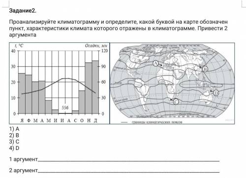 Проанализируйте климатограмму и определите, какой буквой на карте обозначен пункт, характеристики кл