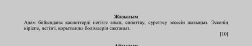 Адам бойындағы касиеттердi негiзге алып,сипаттау,суреттеу эссенін жазыңыз.Эссенің кіріспе,негiзгi, к