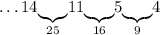 \ldots14\underset{25}{\underbrace{}}11\underset{16}{\underbrace{}}5\underset{9}{\underbrace{}}4