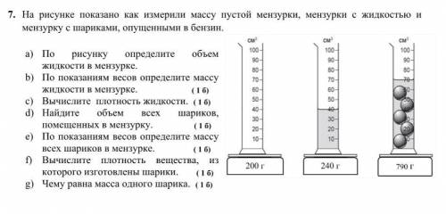 На рисунке показано как измерили массу пустой мензурки, мензурки с жидкостью и мензурку с шариками,