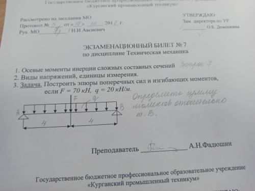 Задача по технической механике, построить эпюры поперечной силы и изгибающих моментов