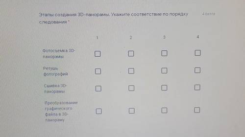 Этапы создания 3D-панорамы.Укажите соответствие по порядку следования