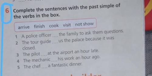 6 Complete the sentences with the past simple of the verbs in the box. arrive finish cook visit not