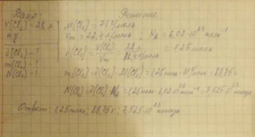 Задача: Дан хлор объёмом 28 л при н.у. Определите количество вещества, его массу и число имеющихся м