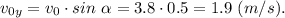 v_{0y} = v_0 \cdot sin~\alpha = 3.8 \cdot 0.5 = 1.9~(m/s).