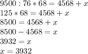 9 500 : 76 * 68 = 4 568+x\\125 * 68 = 4 568 + x\\8 500 = 4 568 + x\\8 500 - 4 568 = x\\3 932 = x\\x = 3932