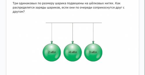 Три одинаковых по размеру шарика подвешены на шёлковых нитях. Как распределятся заряды шариков, если