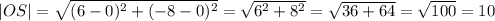 |OS|=\sqrt{(6-0)^2+(-8-0)^2}=\sqrt{6^2+8^2}=\sqrt{36+64}=\sqrt{100}=10